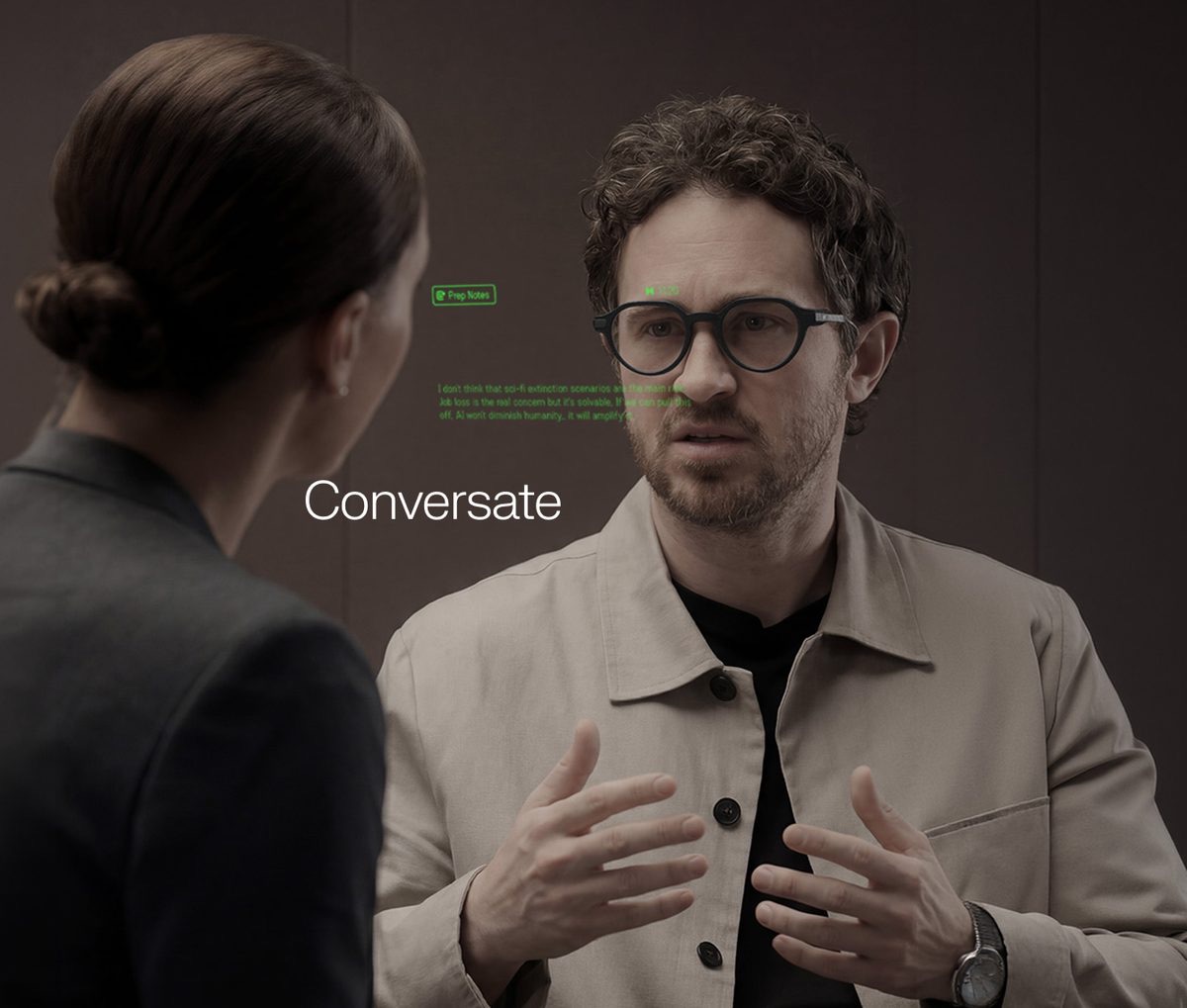 Even Realities G2 toont Conversate-gespreksnotities in het zicht van de drager
