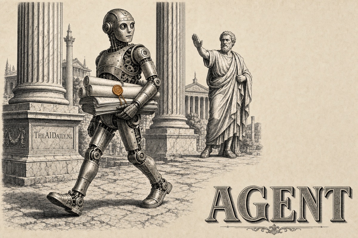 Niveau 3 van AI-gebruik: de agent. Gravure van een mechanische automaat die zelfstandig door een Romeins forum loopt met een stapel scrolls onder de arm, terwijl een Griekse figuur op afstand toestemming geeft. Metafoor voor een AI-agent die taken stap voor stap uitvoert en tussendoor om goedkeuring vraagt.