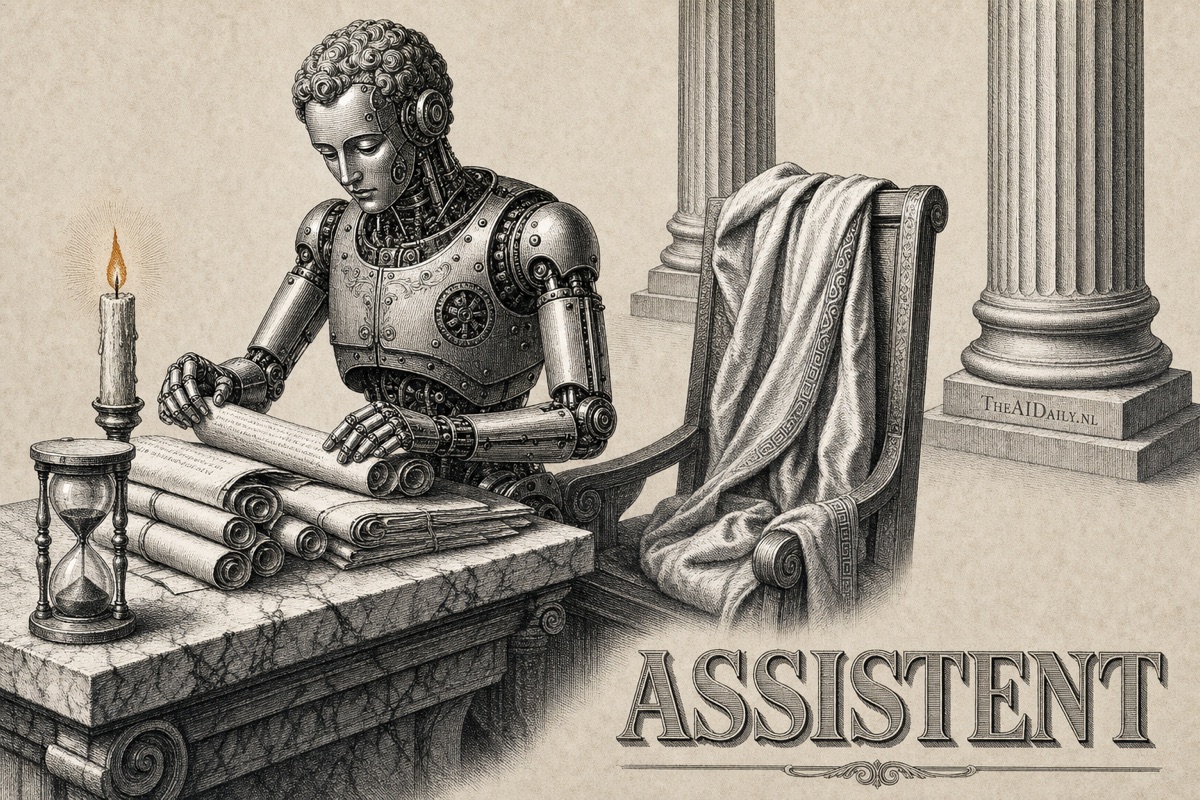 Niveau 6 van AI-gebruik: de assistent. Gravure van een mechanische automaat die alleen bij kaarslicht scrolls sorteert aan een marmeren bureau, terwijl de stoel naast hem leeg is met alleen een toga over de leuning. Metafoor voor een AI-assistent die proactief en zonder tussenkomst op de achtergrond werkt, taken oppakt en je op tijd inseint.