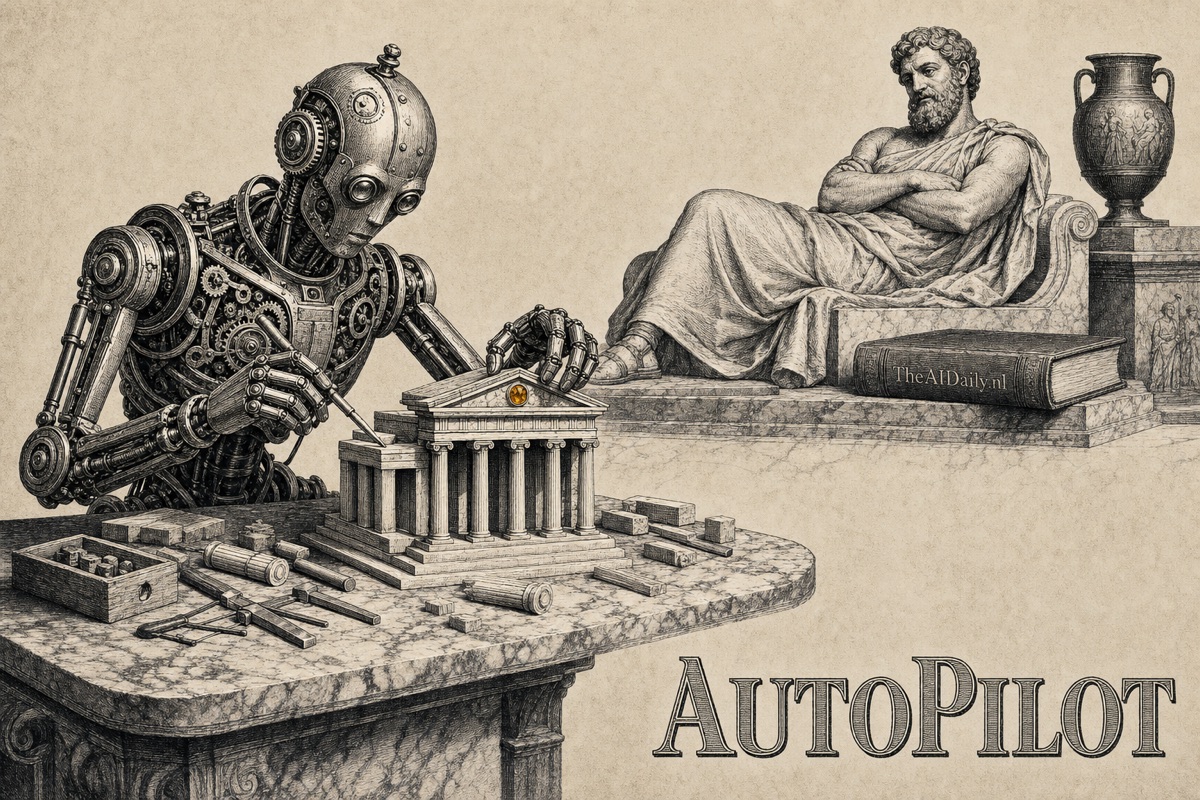 Niveau 4 van AI-gebruik: de autopilot. Gravure van een mechanische automaat die zelfstandig een miniatuurtempel bouwt aan een werkbank, terwijl een Grieks-Romeinse figuur op afstand achteroverleunt en alleen het eindresultaat beoordeelt. Metafoor voor vibe coding en autopilot-niveau AI-gebruik waarbij je de AI het werk laat afmaken zonder elke stap te controleren.