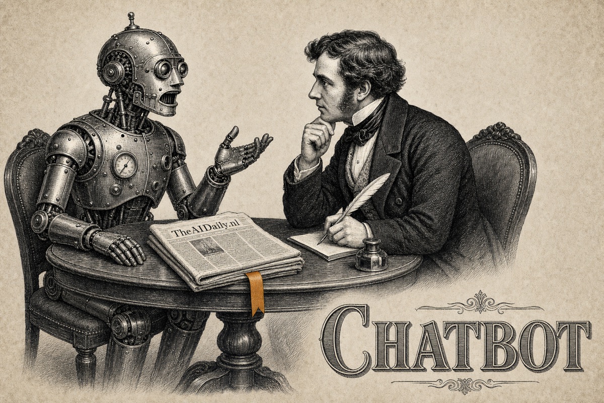 Niveau 1 van AI-gebruik: de chatbot. Victoriaanse gravure van een koperen automaat in gesprek met een mens aan een tafel, als metafoor voor het eerste niveau van AI-adoptie waarbij je een AI-chatbot zoals ChatGPT of Claude een vraag stelt en een antwoord terugkrijgt, zonder verdere integratie in je werkprocessen.
