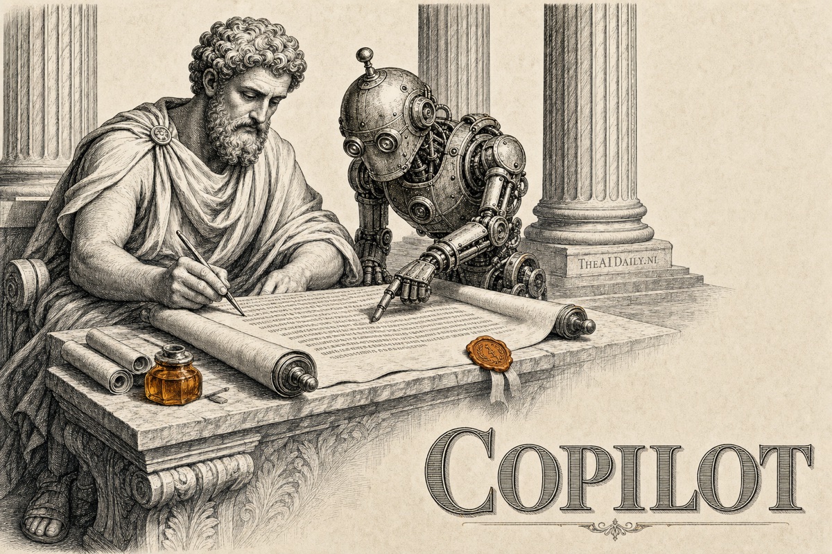 Niveau 2 van AI-gebruik: de copilot. Gravure van een Grieks-Romeinse geleerde in toga die samen met een mechanische automaat aan hetzelfde scroll werkt, als metafoor voor het tweede niveau van AI-adoptie waarbij de AI als copilot meewerkt in je bestand, zoals Copilot in Excel of Gemini in Google Docs.