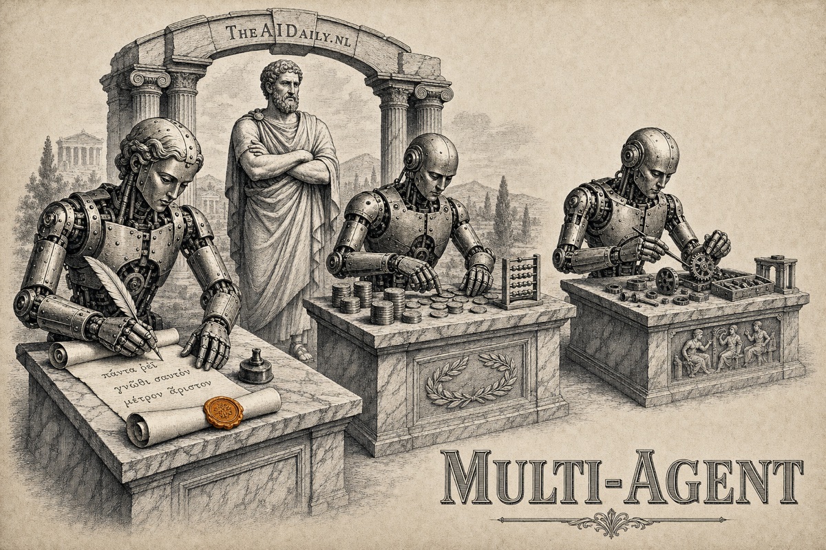 Niveau 7 van AI-gebruik: multi-agent. Gravure van drie mechanische automaten die elk aan een eigen werkstation een andere taak uitvoeren — schrijven, tellen en assembleren — terwijl een Grieks-Romeinse figuur met gekruiste armen toezicht houdt als teamleider. Metafoor voor het multi-agent niveau waarbij je meerdere AI-agents tegelijk aanstuurt, elk met een eigen opdracht.
