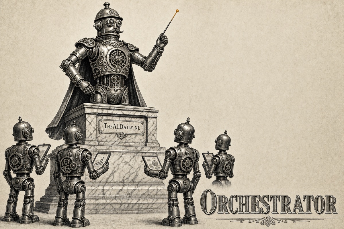 Niveau 8 van AI-gebruik: de orchestrator. Gravure van een grote, imposante baas-automaat die met een dirigeerstaf op een marmeren podium staat en vier kleinere robots aanstuurt die omhoog kijken voor instructies. Geen mens meer aanwezig. Metafoor voor het hoogste niveau van AI-adoptie waarbij een manager-agent zelfstandig een team sub-agents coördineert en het werk verdeelt.