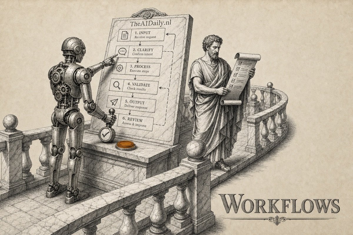 Niveau 5 van AI-gebruik: workflows. Gravure van een mechanische automaat die een flowchart op een stenen tablet volgt met genummerde stappen, terwijl een Grieks-Romeinse figuur een checklist controleert. Marmeren balustrades langs het pad symboliseren de vangrails en kwaliteitscontroles die bij dit niveau horen, waarbij je een vast proces rond de AI bouwt met plan, review en zekeringen.